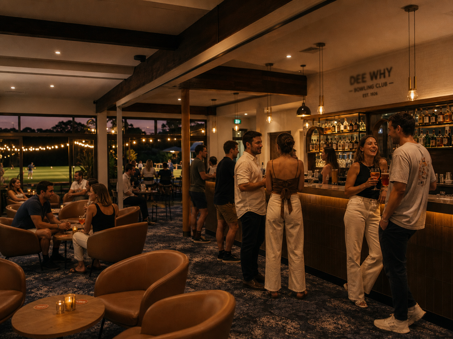 Dee Why Bowls Club interior at dusk